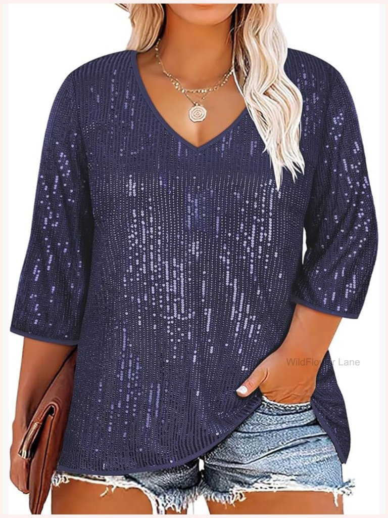 Plus Size V Neck Sequin Top 3/4 Sleeve Tunic Blouse Cocktail Party Shirt